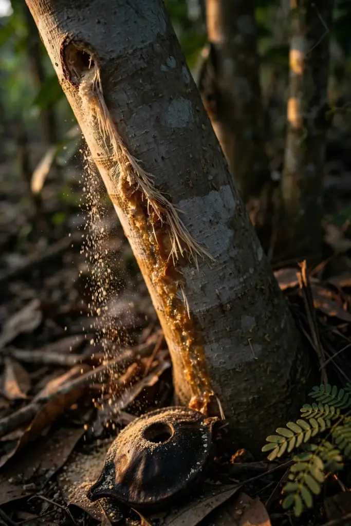 Small hole in jengkol bark with fine frass spilling down the trunk