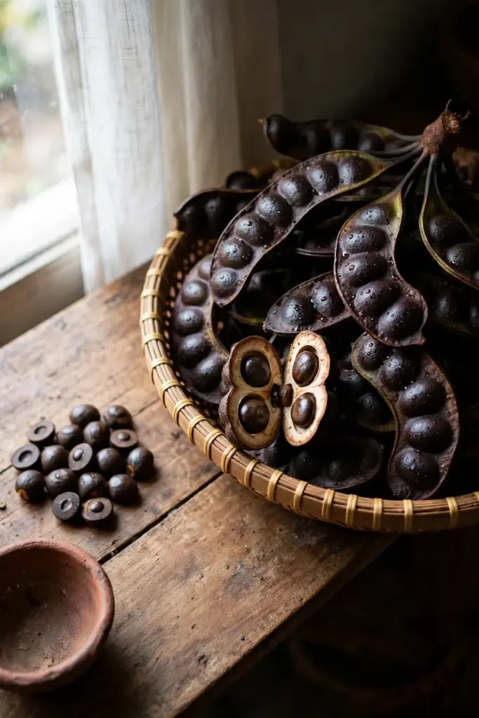 Woven basket of freshly picked jengkol pods on a wooden table