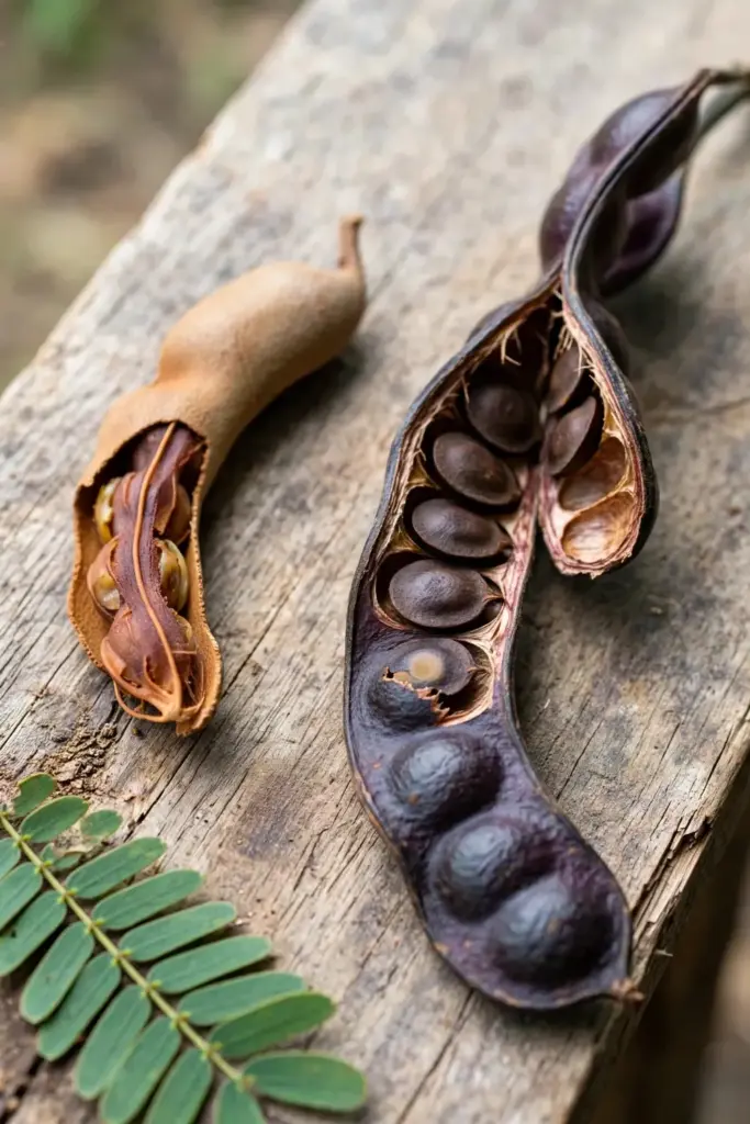 Dark purple jengkol pod opened beside a curved tamarind pod for comparison