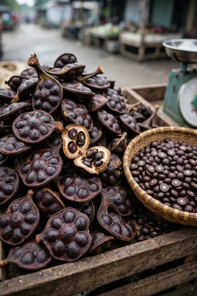 Fresh jengkol pods piled on a wooden market crate