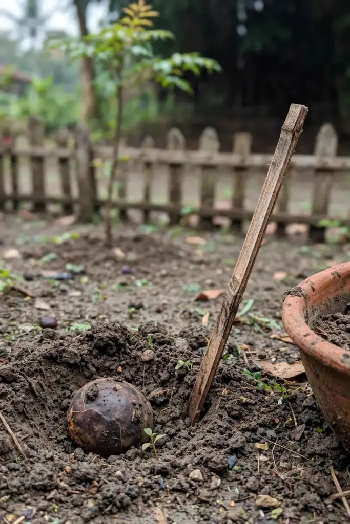 Jengkol seed sown in dark soil at a staked planting spot in a clearing