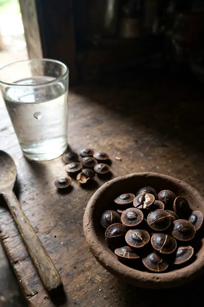 Clay bowl of dark jengkol seeds with a glass of water on a wooden table