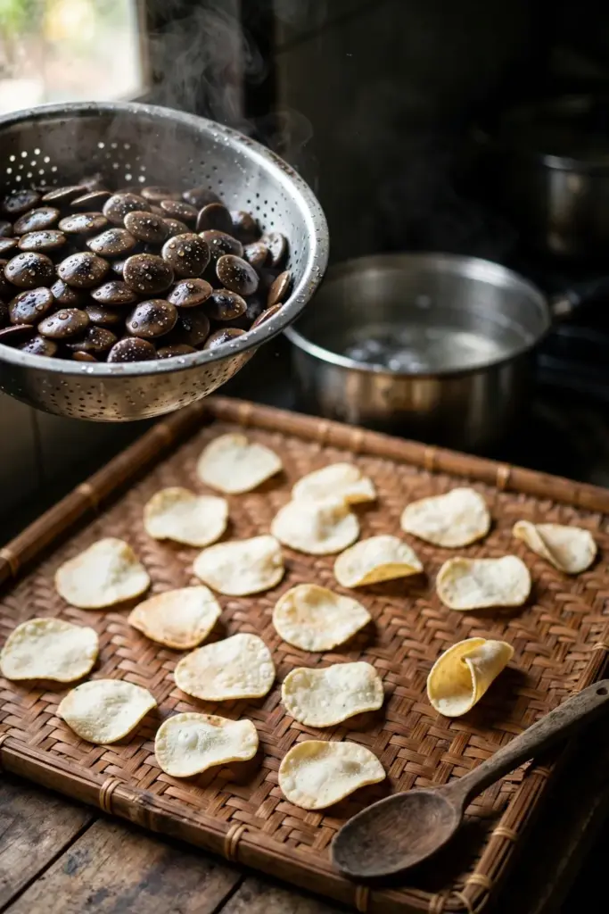Cooked jengkol seeds draining in a colander beside emping chips on a mat