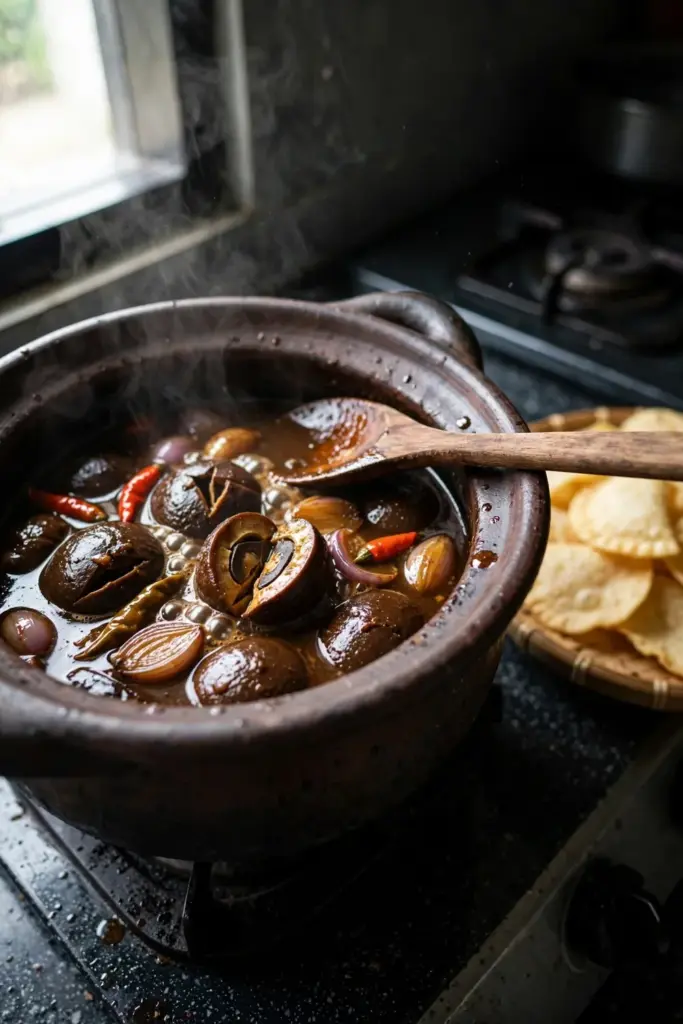 Jengkol seeds simmering in a dark stew in a clay pot