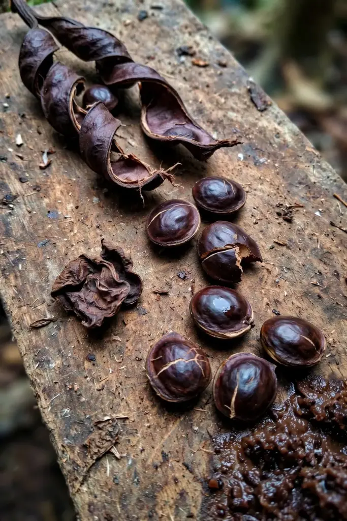 Dark jengkol seeds sliding from a split pod onto a timber board