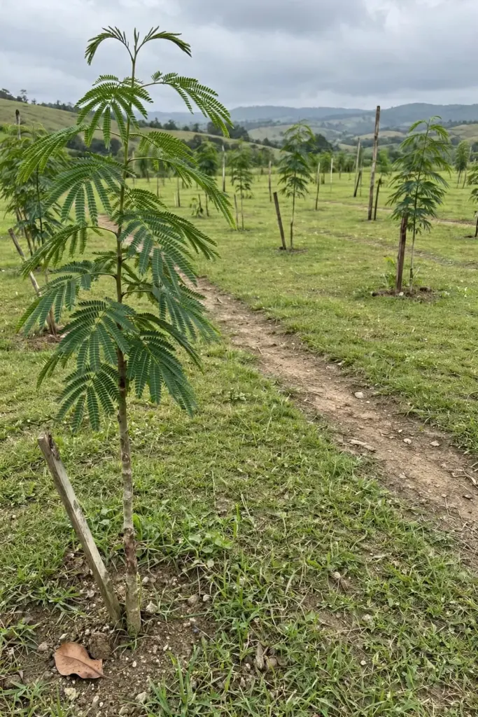 Young jengkol trees planted on a spacing grid across an open field