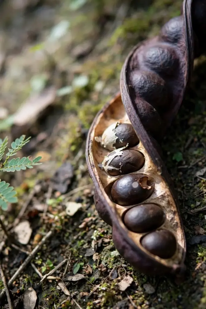 Split jengkol pod showing a row of dark brown seeds