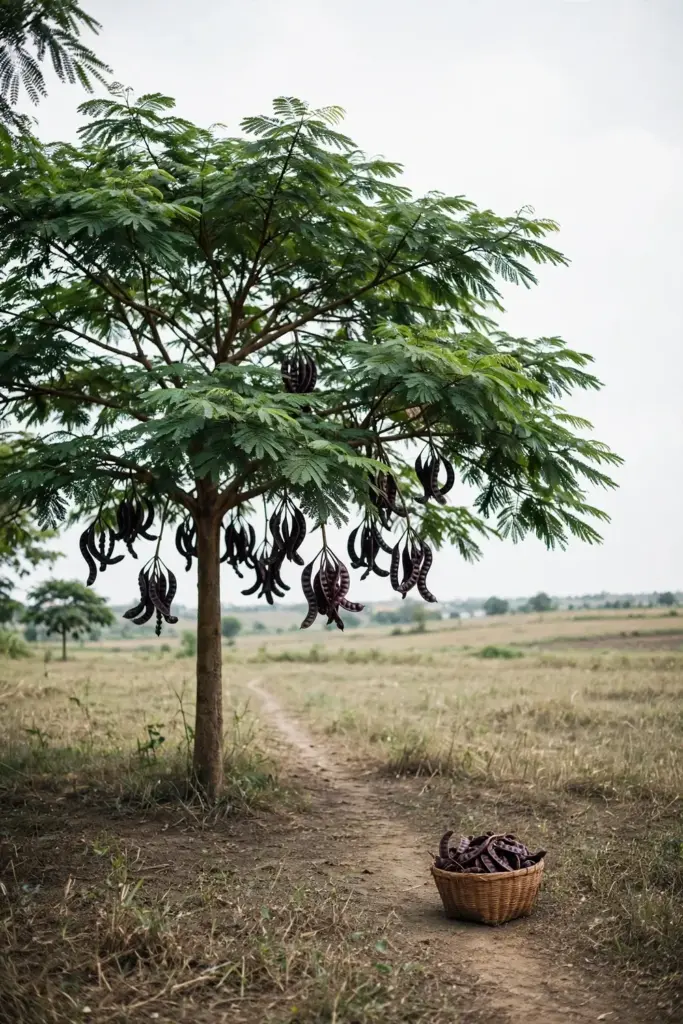 Full jengkol tree across an open field with a basket of pods on the path