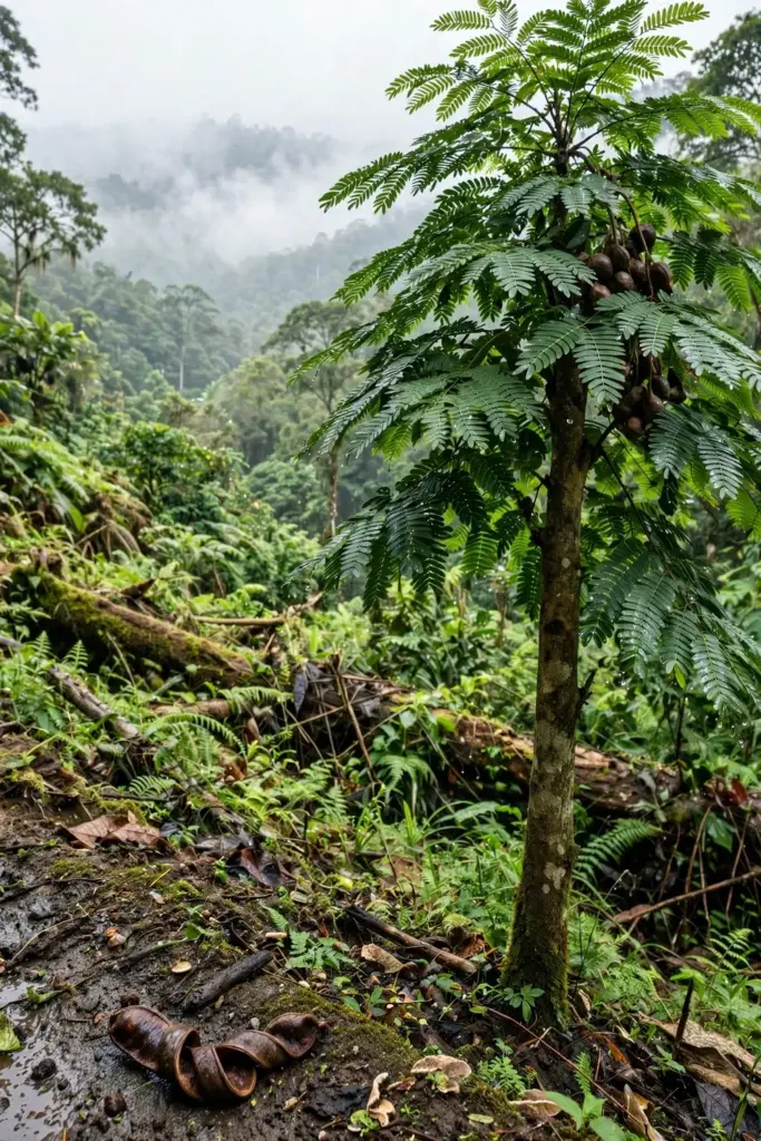 Jengkol tree in humid lowland rainforest at the foot of a green hill