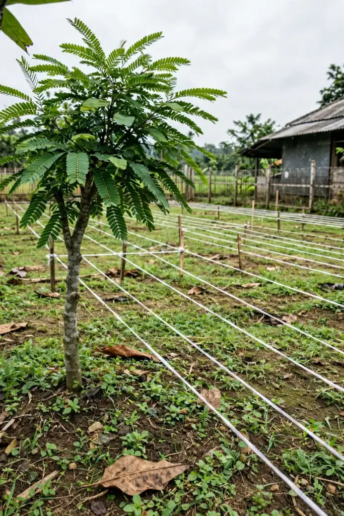 Young jengkol tree in a wide garden clearing with a spacing grid staked across the grass