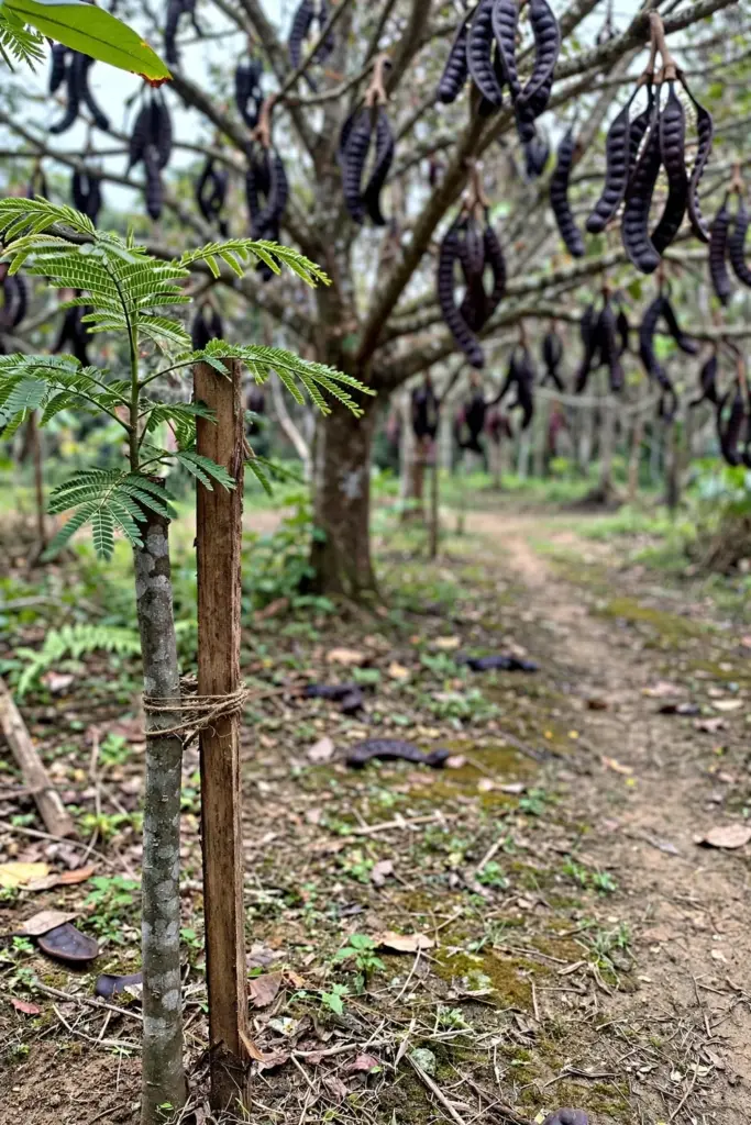 Young jengkol tree with a stake beside it and a mature tree behind