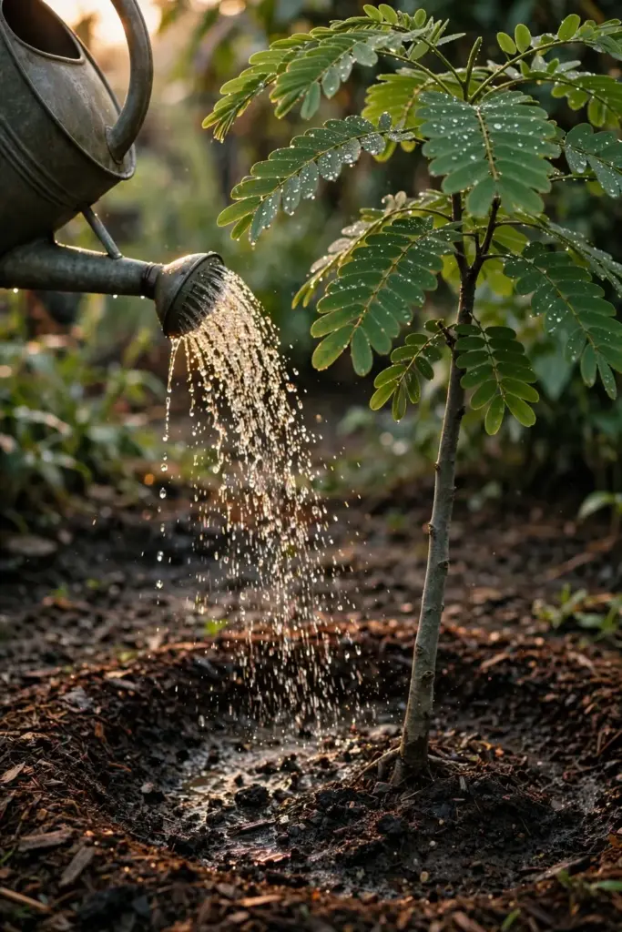 Young jengkol tree in a mulched ring with damp soil after watering