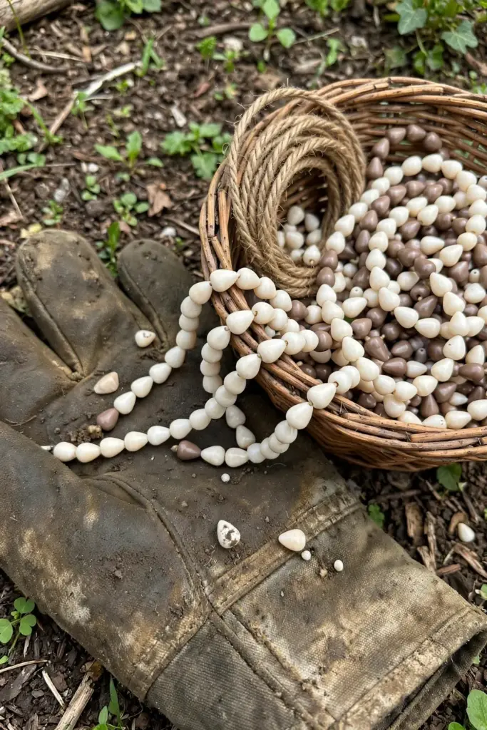 Dried Job's tears bead strands in ivory and mocha in a harvest basket held by a worn garden mitt