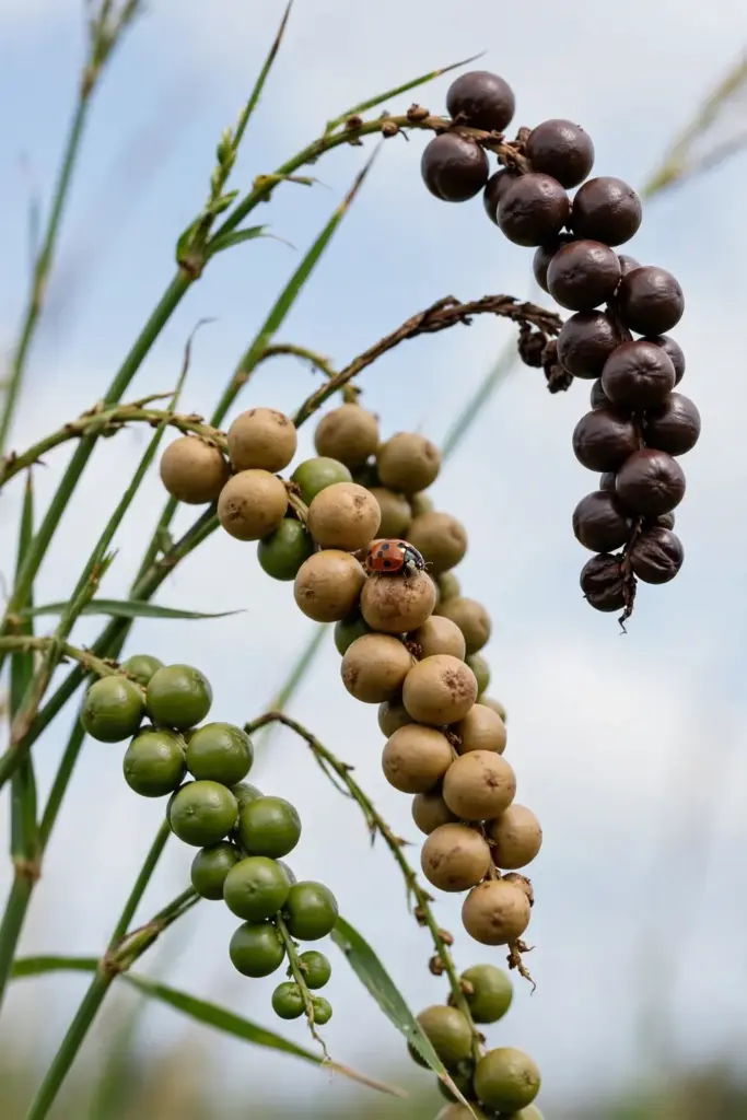 Close-up of Job's tears bead heads at mixed ripeness stages