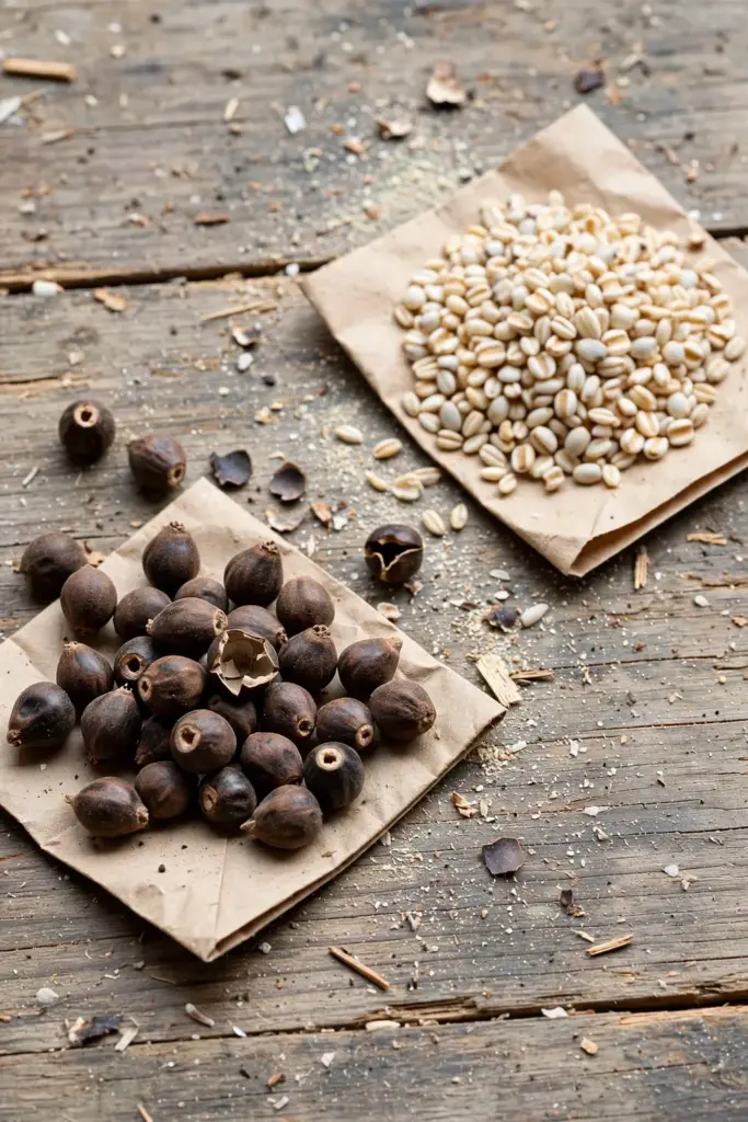 Hard dark bead seeds beside paler edible yi yi ren grain on a wooden table
