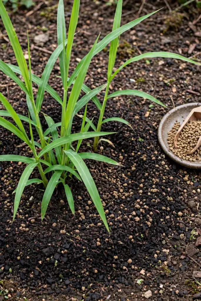 Ring of compost spread around the base of young Job's tears plants