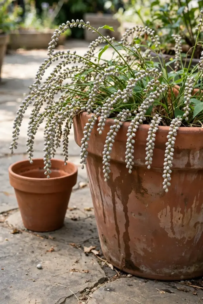 Job's tears plant growing in a large terracotta pot on a sunny patio
