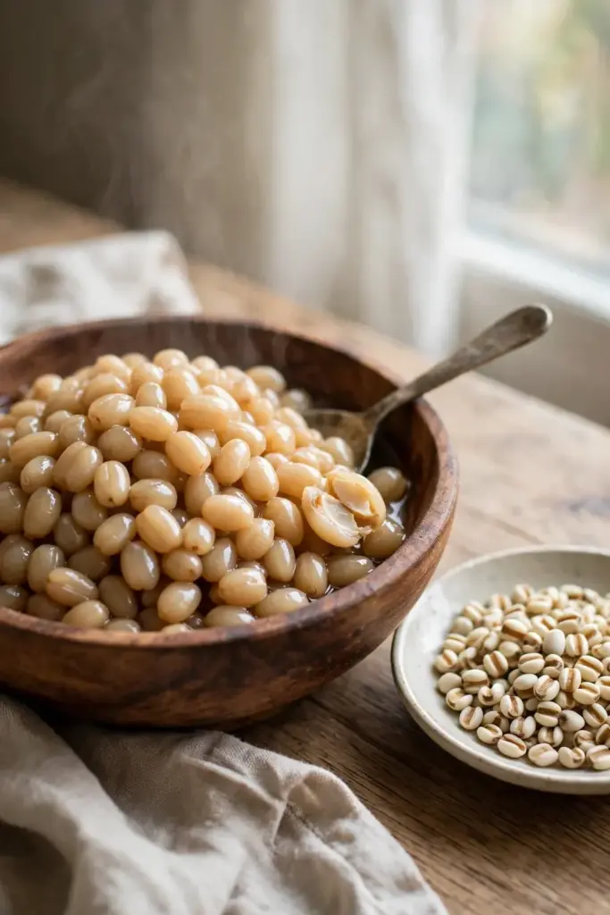 Wooden bowl of cooked yi yi ren grain with a spoon