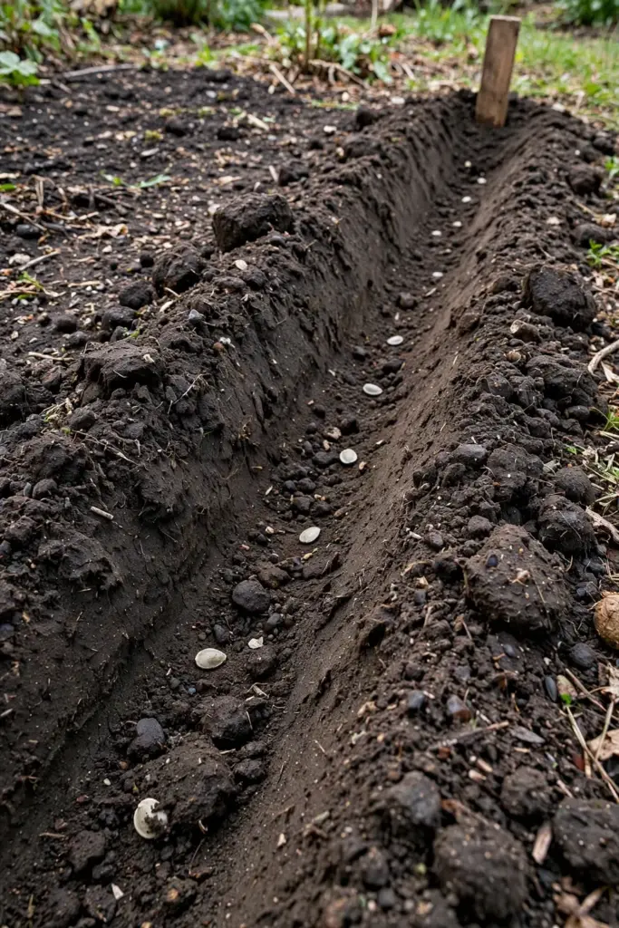 Job's tears seeds dropped along a shallow furrow in dark garden soil