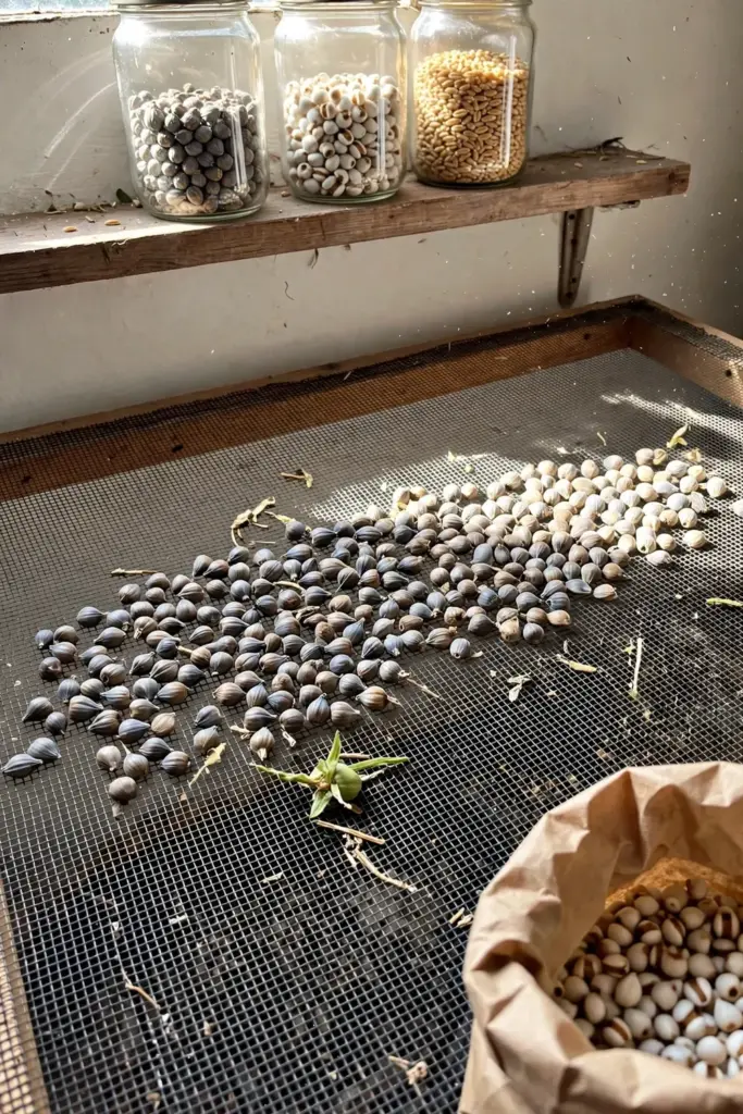 Job's tears seed heads drying on a mesh screen with storage jars behind