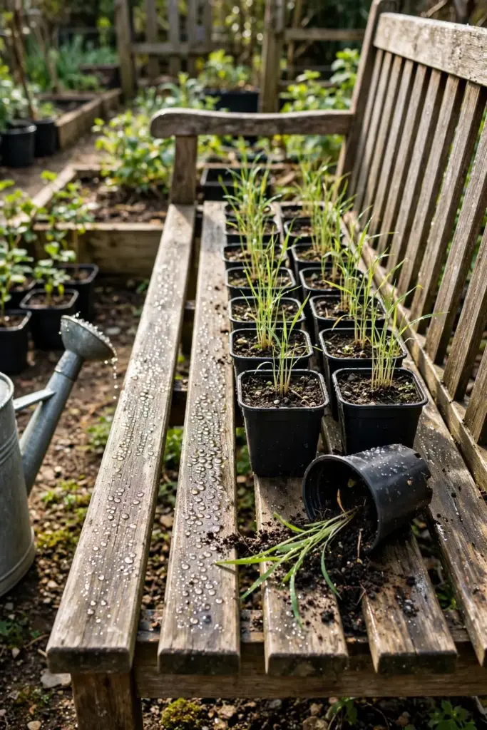 Young Job's tears seedlings in nursery pots hardening off on a garden bench