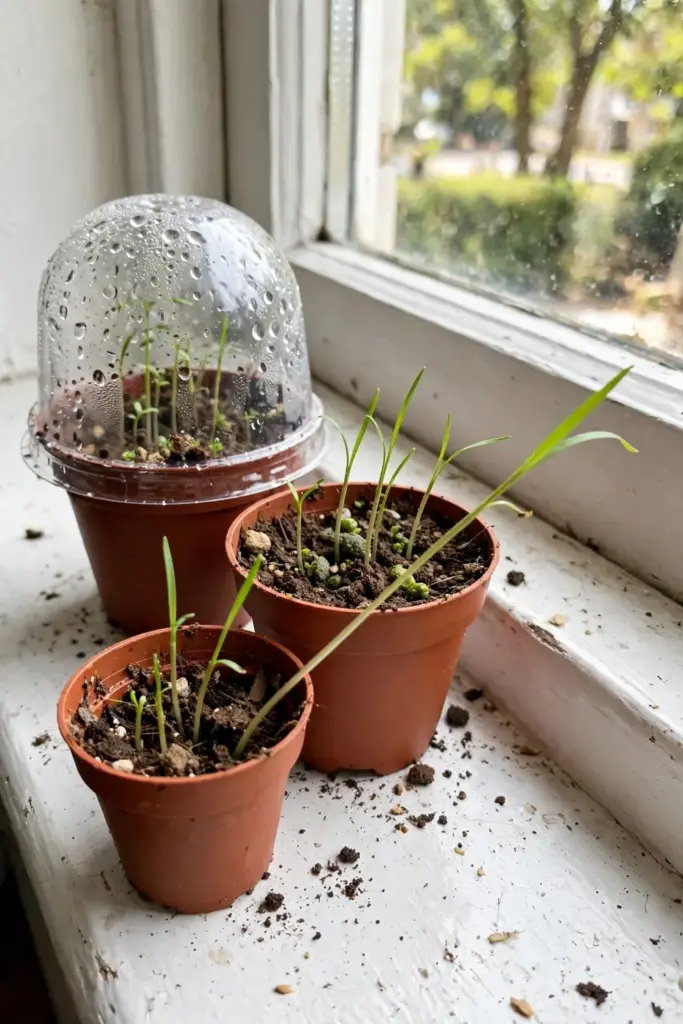 Job's tears seedlings emerging in terracotta pots on a windowsill