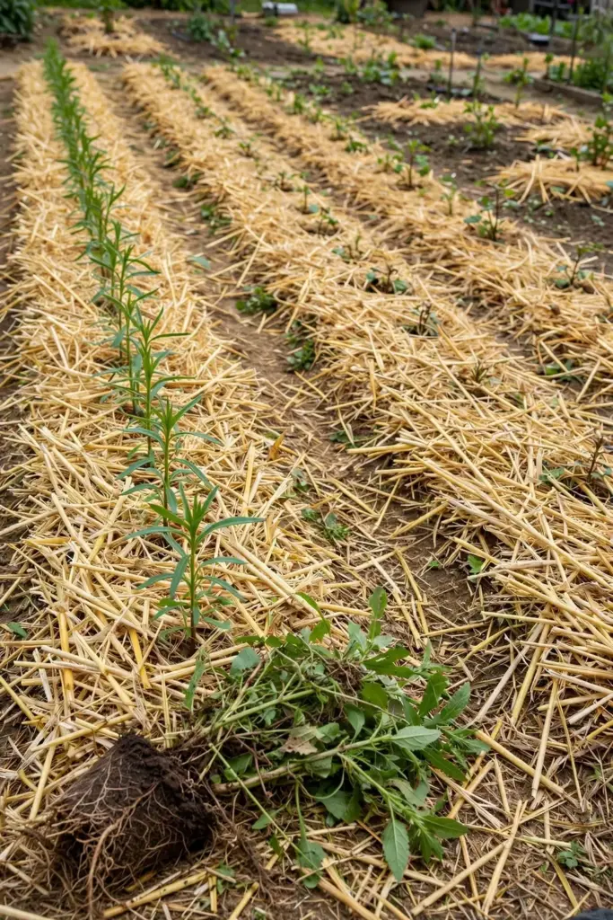 Weeded row of young Job's tears with straw mulch between rows