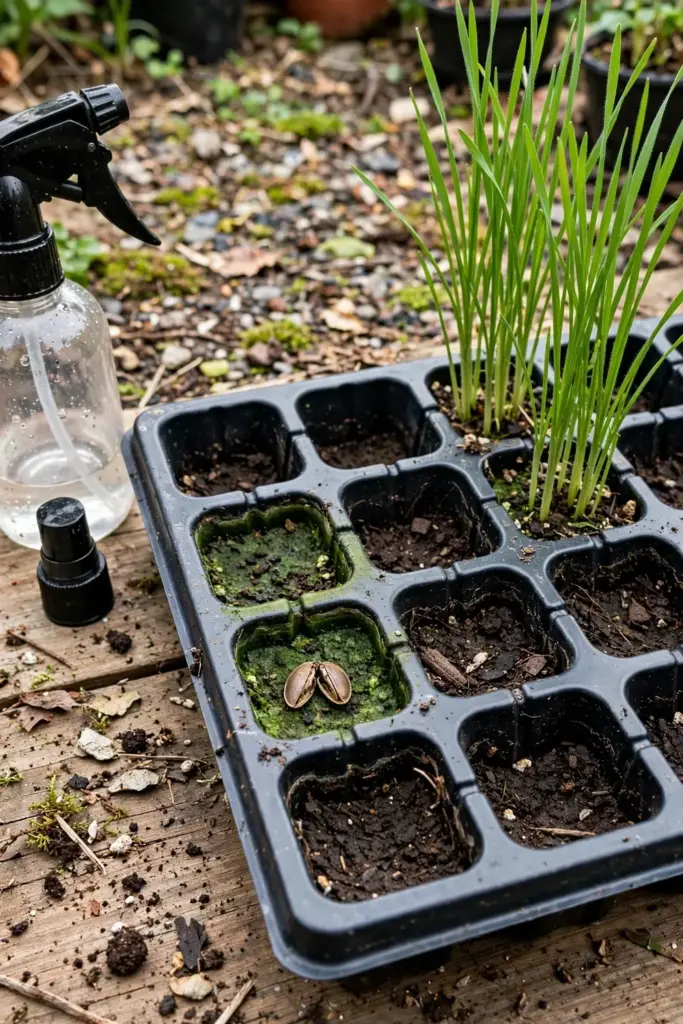 Seed tray with patchy Job's tears germination beside empty cells