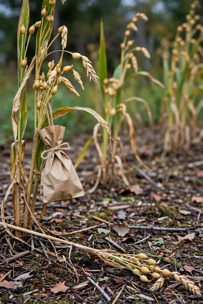 Job's tears stand at season end with dry seed heads and a bag of saved seed