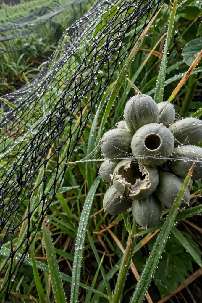 Close-up of a Job's tears seed head with chewed grains and bird netting nearby