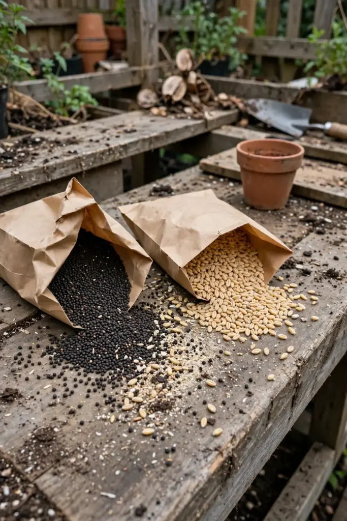 Two open seed packets with bead seeds and edible grain spilling out