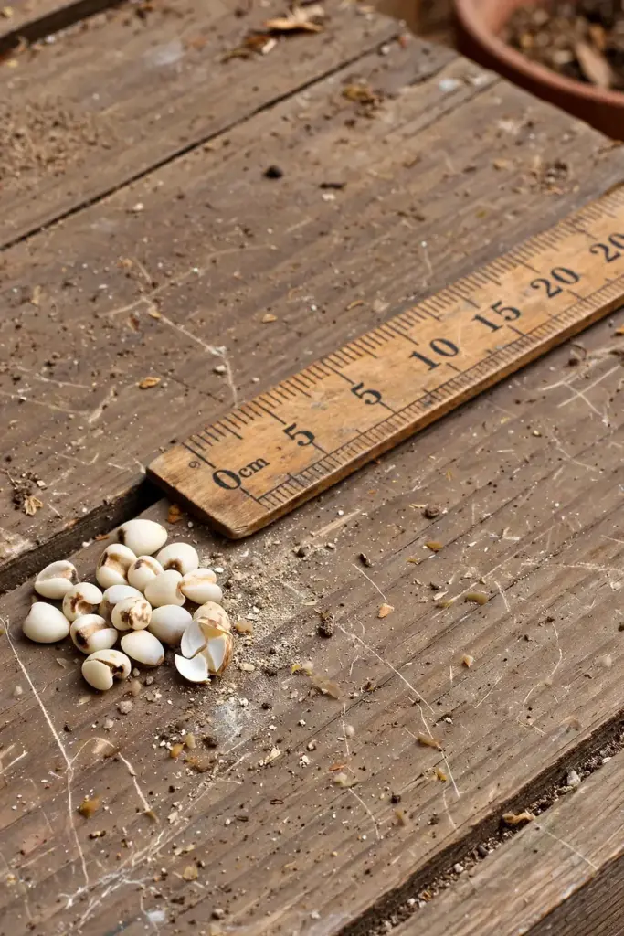 Job's tears seeds beside a wooden ruler showing their size
