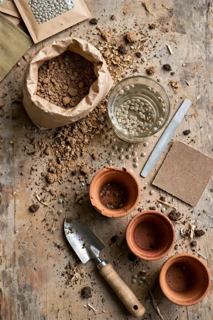 Flat-lay of sowing tools: pots, seed mix, nail file, sandpaper, soaking seeds