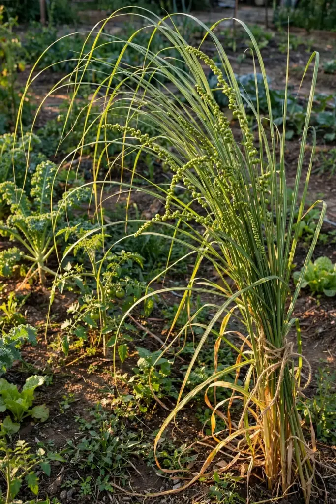 Tall Job's tears grass stand growing in full sun at a garden edge