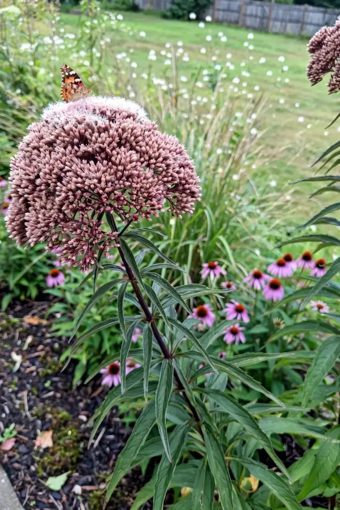Joe-Pye weed dusty-rose heads towering at the back of a sunny border