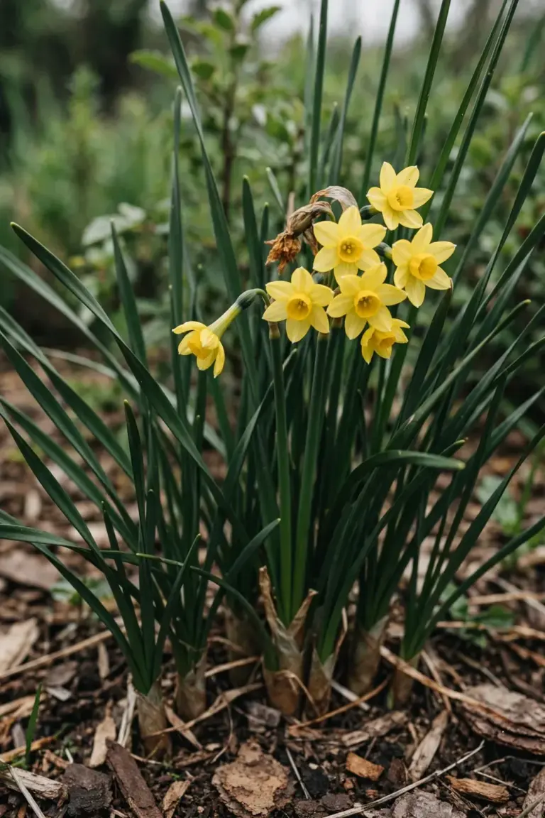 Clump of yellow jonquils blooming with narrow rush-like leaves