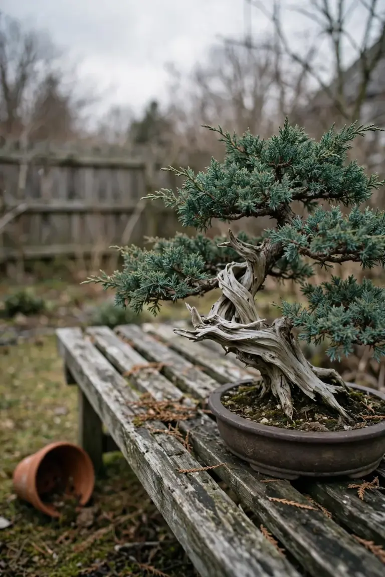 Juniper bonsai growing outdoors on a garden bench with natural daylight