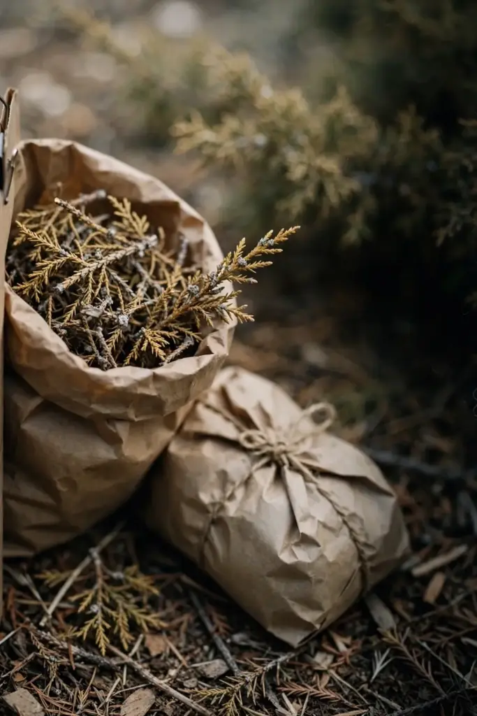Bagged blighted juniper prunings ready for trash beside the bed.