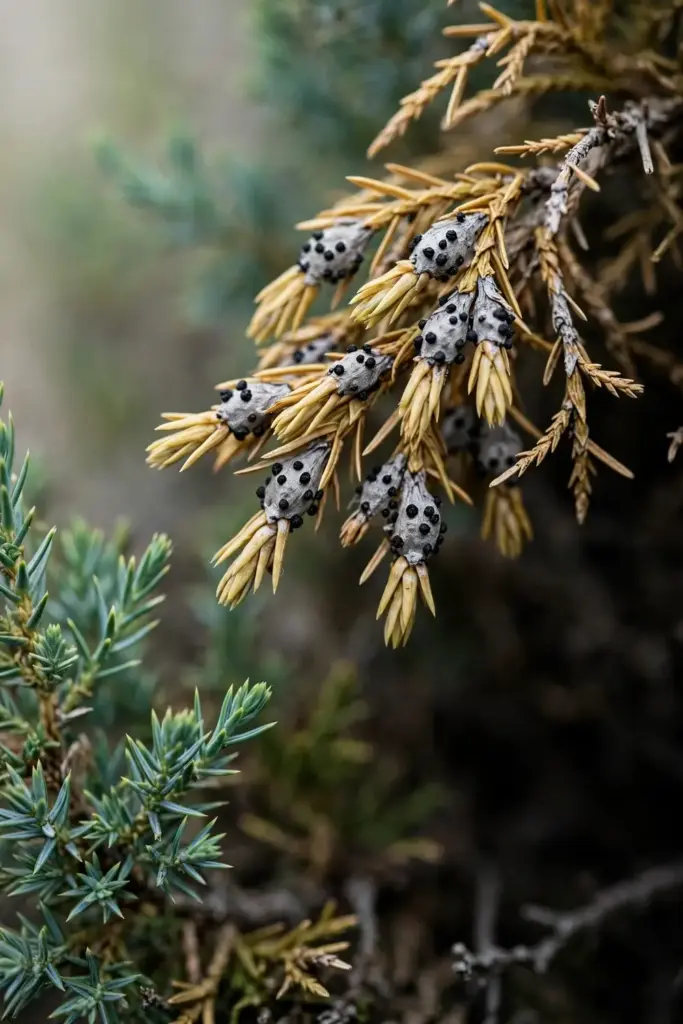 Dead juniper tips with black fruiting bodies on gray lesions.