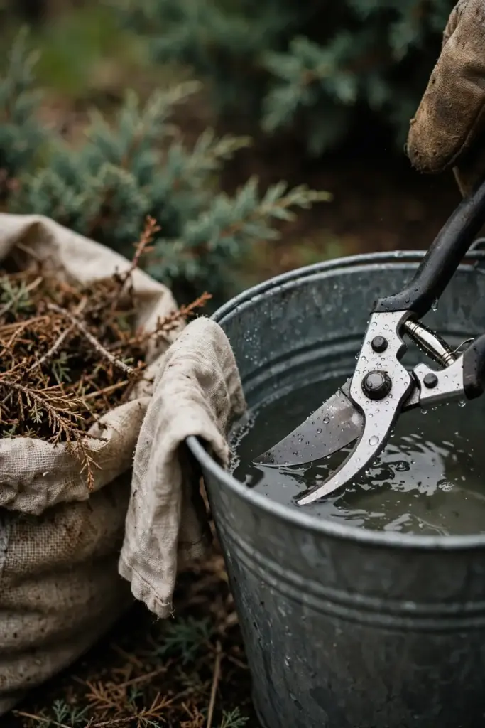 Pruning shears dipped in disinfectant in a bucket between cuts.