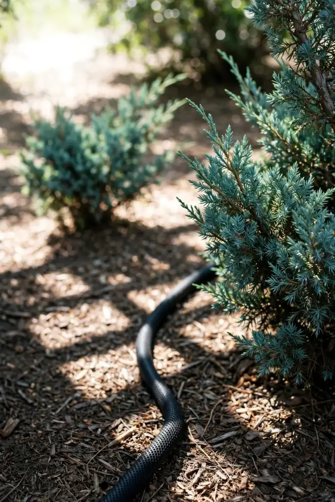 Juniper bed with a soaker hose at the roots and dry sunlit foliage.