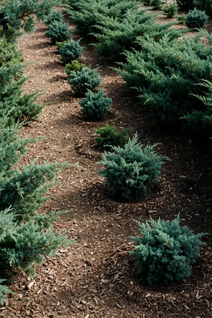 Healthy juniper bed with spaced plants and a mulch path.