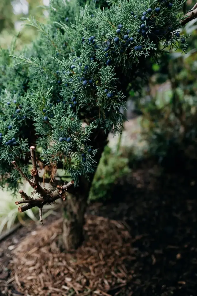 Mature juniper with a full green canopy after tip blight pruning.