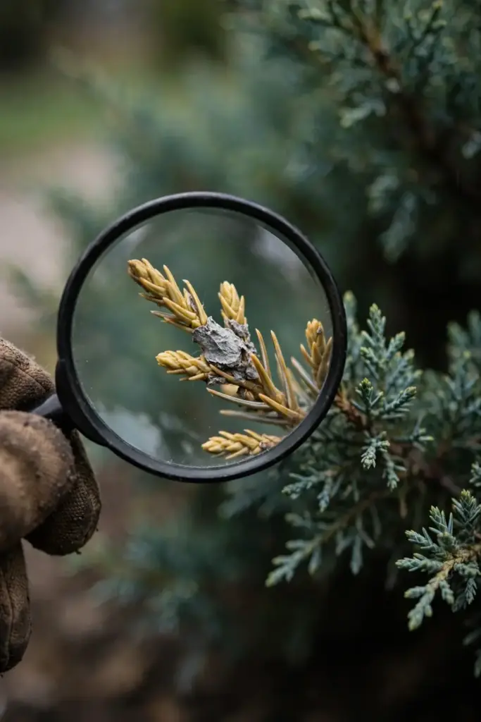 Magnifying glass enlarging a blighted juniper tip and its gray lesion.