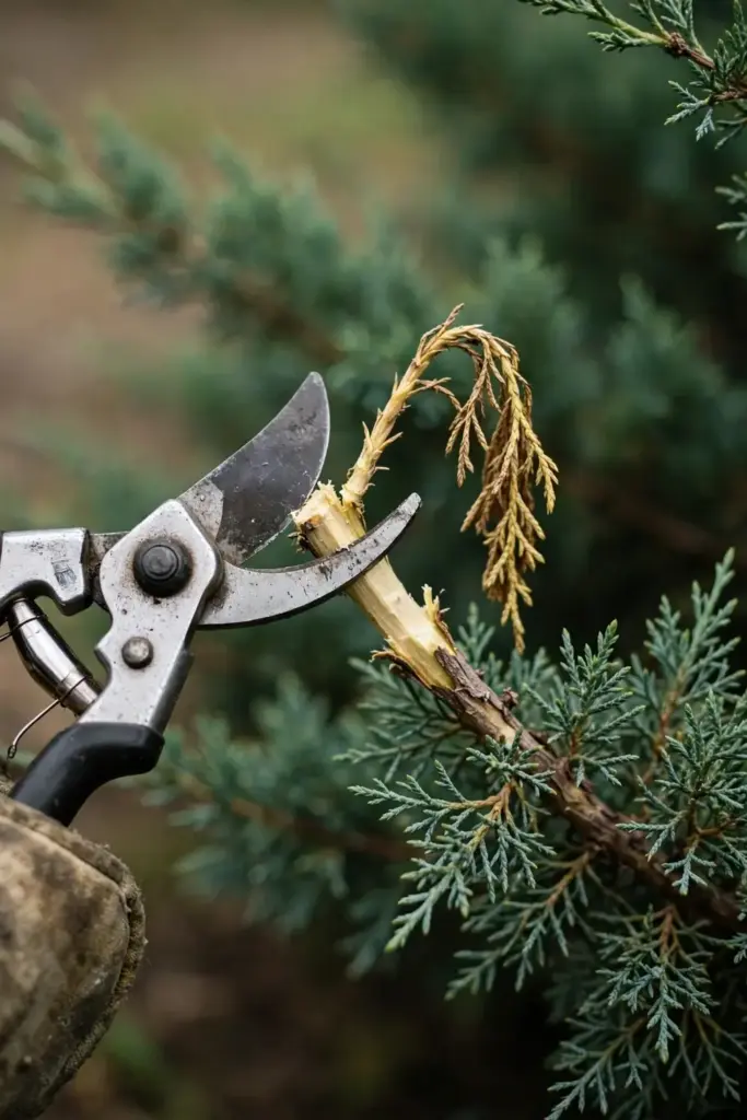 Pruning shears cutting a blighted juniper branch below dead wood.
