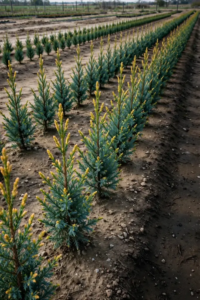 Nursery row of young resistant junipers with clean green foliage.