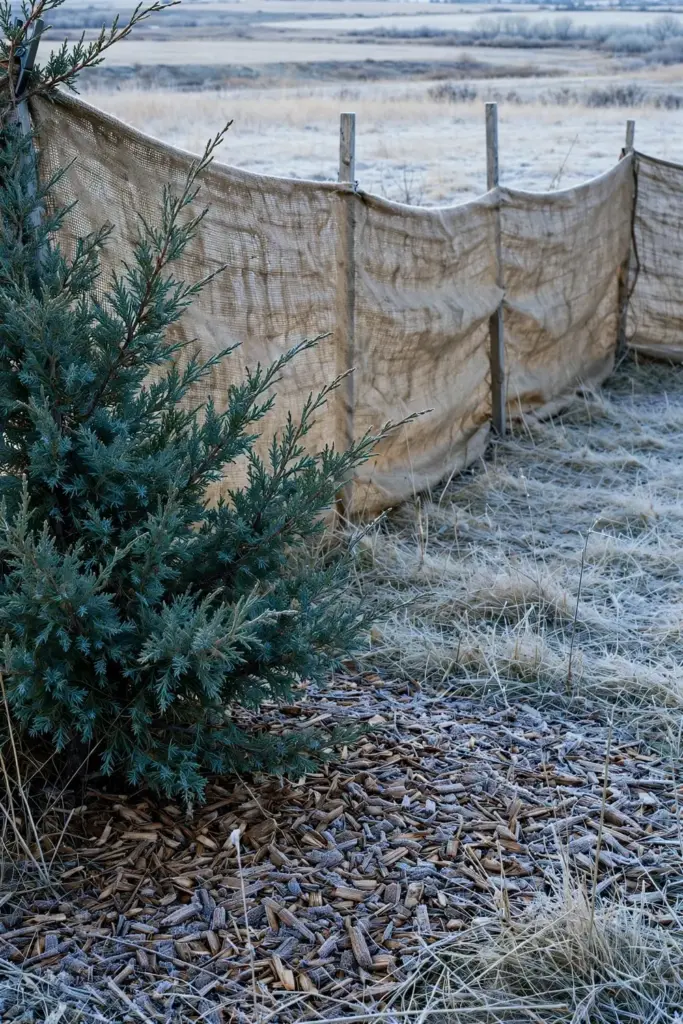 Juniper behind a burlap wind screen on a cold bright day.