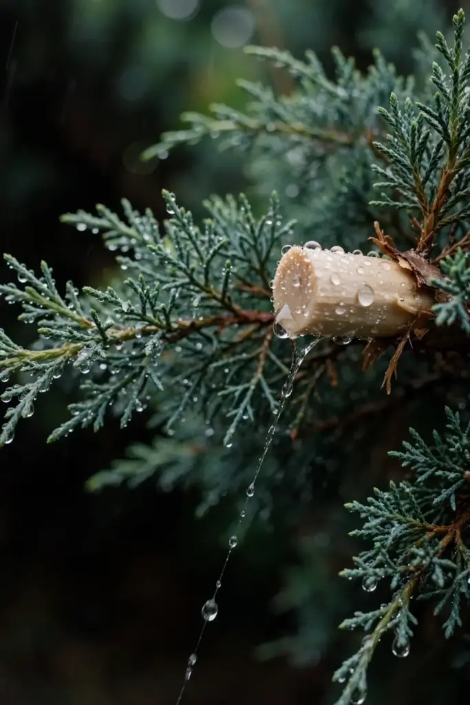 Rain droplets on a wounded juniper shoot with a fresh pruning cut.