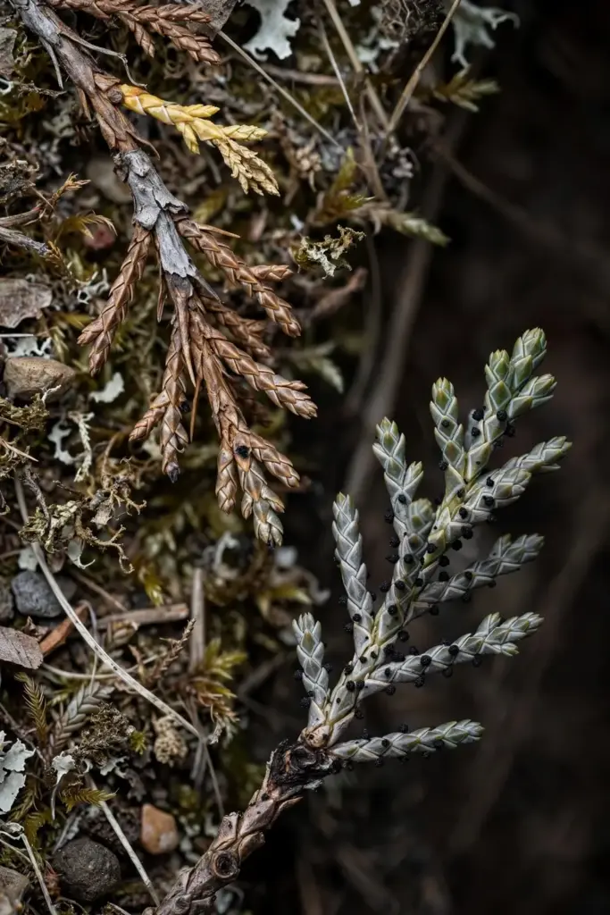 Two blighted juniper tips side by side, one on old wood and one on new growth.