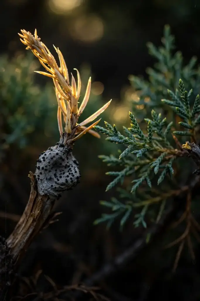 Gray lesion and dead tip on one-year-old juniper wood.